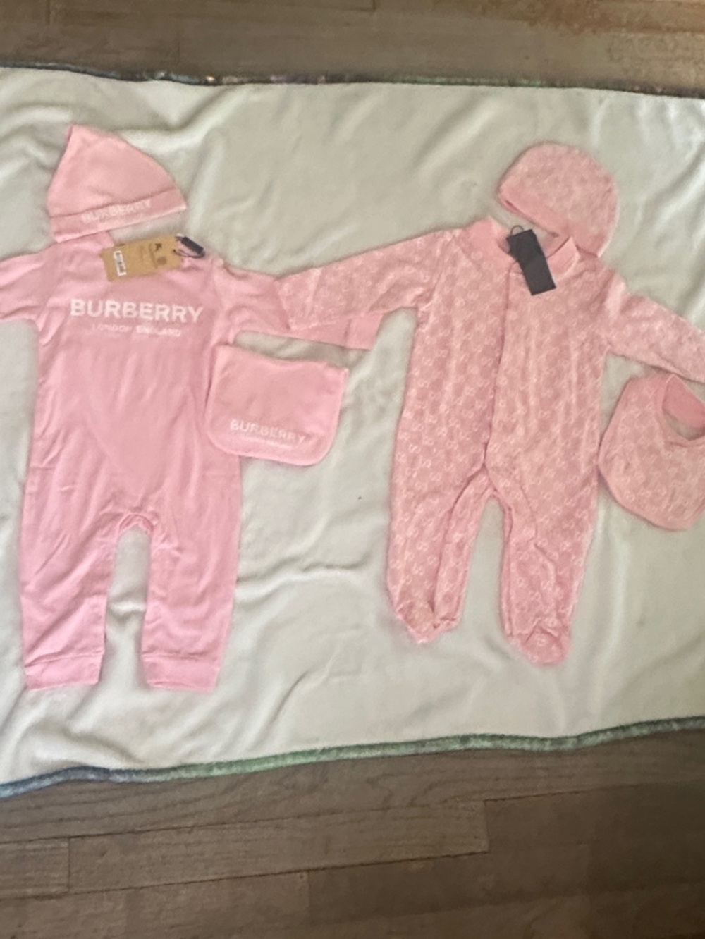 Bundle of 2 Pink Baby One-Piece Bodysuit Set With Hats and Bibs 6-9 M